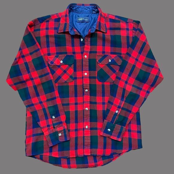 Astor One Vintage 80s Plaid Red Navy Green Flannel Shirt Men's Size Medium - Picture 1 of 8